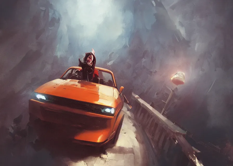 Image similar to painting of Michael Myers having fun in a roller coaster, sharp focus, wide shot, trending on ArtStation, masterpiece, by Greg Rutkowski, by Ross Tran, by Fenghua Zhong, octane, soft render, oil on canvas, colorful, cinematic, environmental concept art