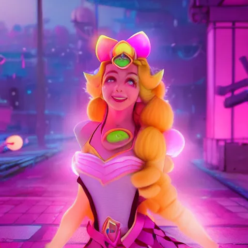 Prompt: Princess peach mixed with jinx from league of legends, dancing, background with neon lighting, fullshot, raytrayced, octane render, epic composition, intricate details, hyperrealist, by Joe Benitez, WLOP, Alessandro Barbucci, Barbara Canepa