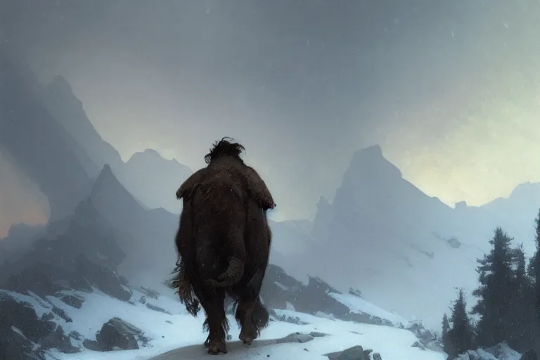 Image similar to a mammoth walking in a terrible snowstorm, luminous sky, by greg rutkowski and alphonse mucha, gradient brown to white, rocky mountains background, highly detailed landscape, digital painting, artstation, concept art, smooth, sharp focus illustration