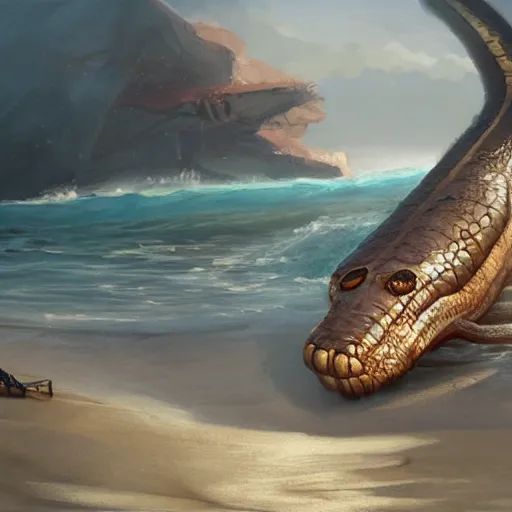 Prompt: a dying beached sea serpent washing up on the shore of a beach concept art by jaime jones, cgsociety, fantasy art, concept art, artstation hd, deviantart hd. masterpiece