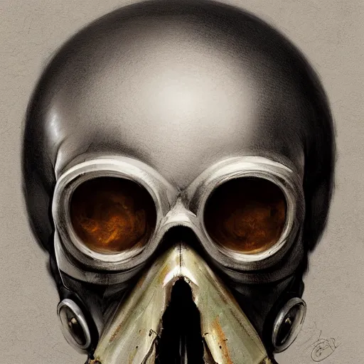 Image similar to a portrait painting of a skull wearing a gasmask, digital painting, hyper realistic, very detailed, in the style of greg rutkowski,