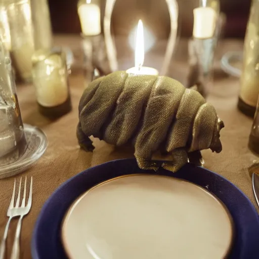 Image similar to tardigrade!!! dining room in a dark mansion, realistic, highly detailed, rests of food, candle lighting