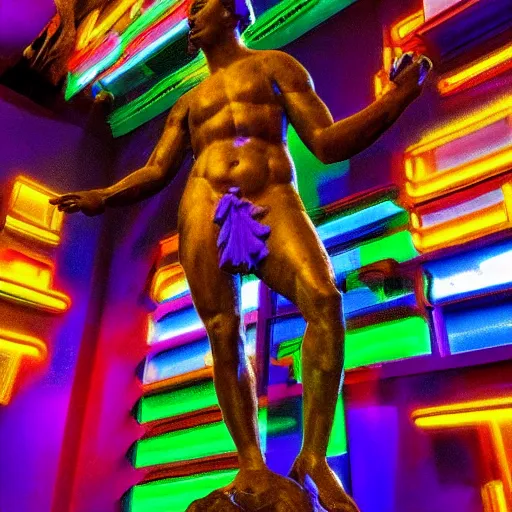 Prompt: renaissance statue surrounded by neon abstract art, highly detailed