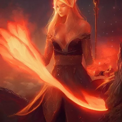 Prompt: a fantastical glowing elf made of fire illustrated by artgerm and greg rutkowski