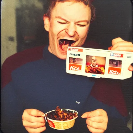 Image similar to polaroid photo of the happiest man in the world eating kfc