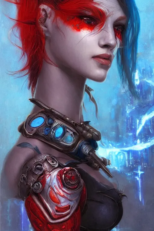 Prompt: portrait of beautiful young maiden, warhammer, cyber style, more and more cyberpunk, a lot of more scars, more and more flowers, blue head, some red water, the middle ages, highly detailed, artstation, illustration, artgerm sylvari portrait, 8 k quality, art by alfred kubin