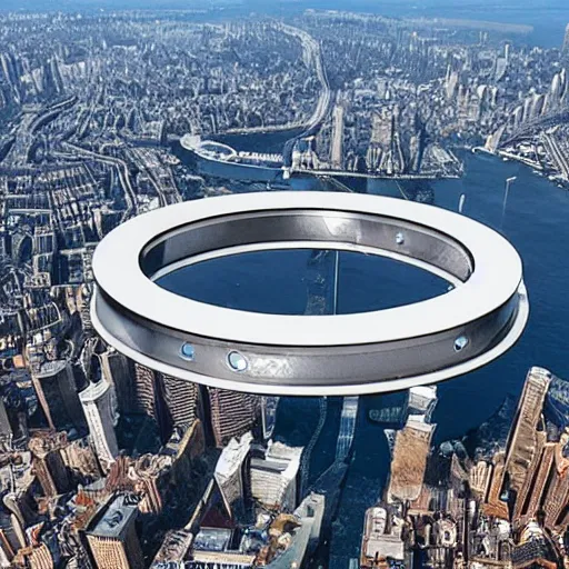 Image similar to a giant ring-shaped space station encircling a modern city floating above the city, the ring is horizontal, surrounding the city, cinematic