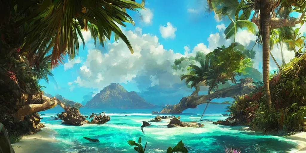 Prompt: Tropical paradise, digital painting, art by greg rutkowski, artgerm