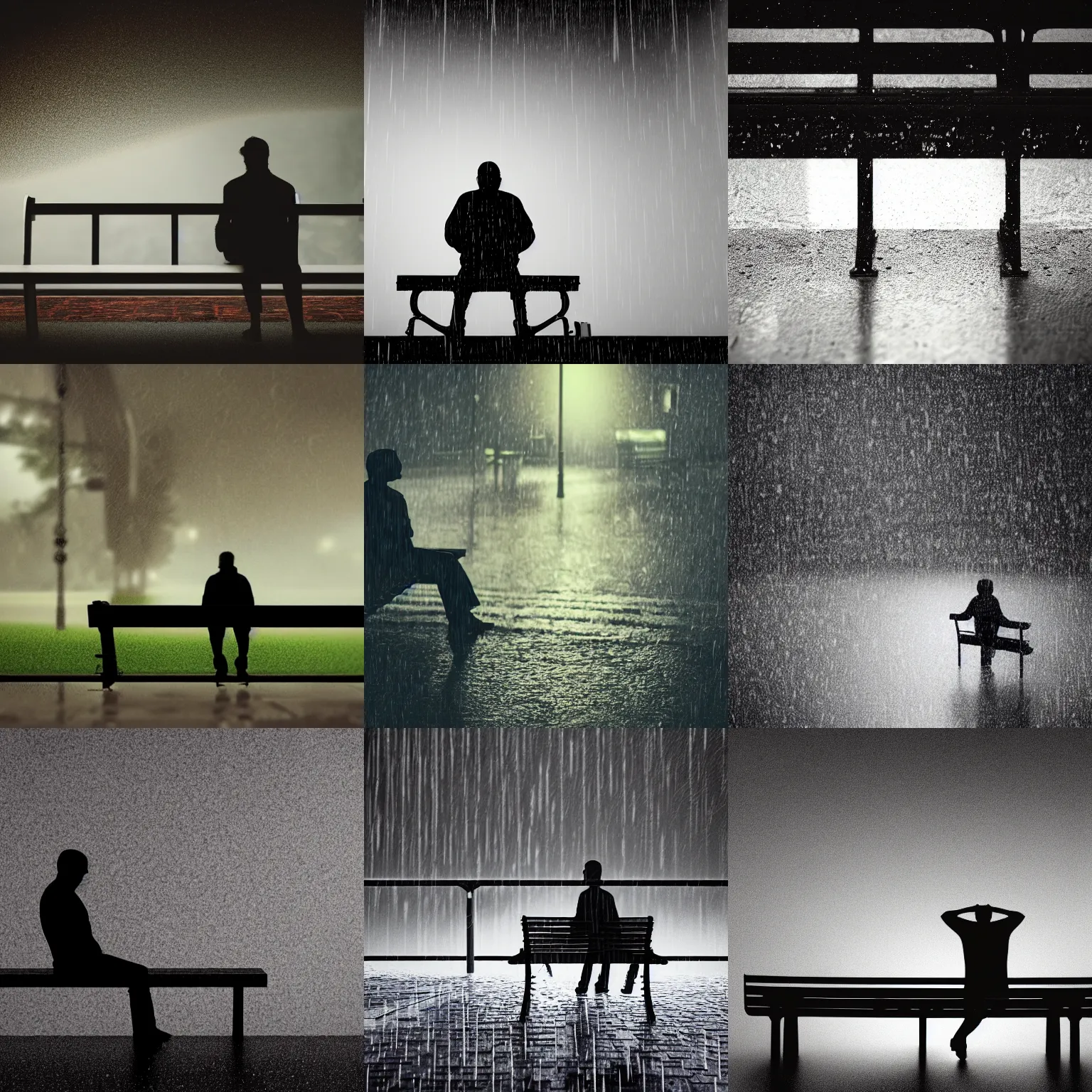 Prompt: professional photo of a silhouette of a man on a bench while its raining looking down, octane render, HD