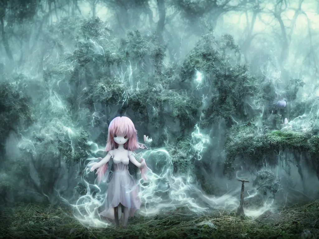 Prompt: cute fumo plush of a gothic maiden girl, overdose, overgrown flooded mystical mushroom forest temple, mysterious ritual over tempestuous stormy water, wisps of volumetric vortices of glowing smoke and fog, vignette, vray