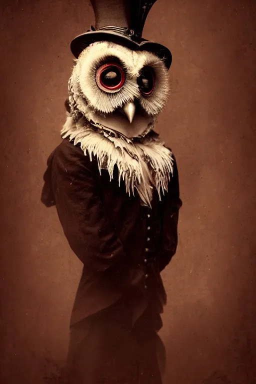 Prompt: wet plate photograph portrait of a victorian - era anthropomorphic owl dressed in a victorian - era clothing, dramatic lighting, highly detailed, digital painting, artstation, concept art, smooth, sharp focus, illustration, art by wlop, mars ravelo and greg rutkowski