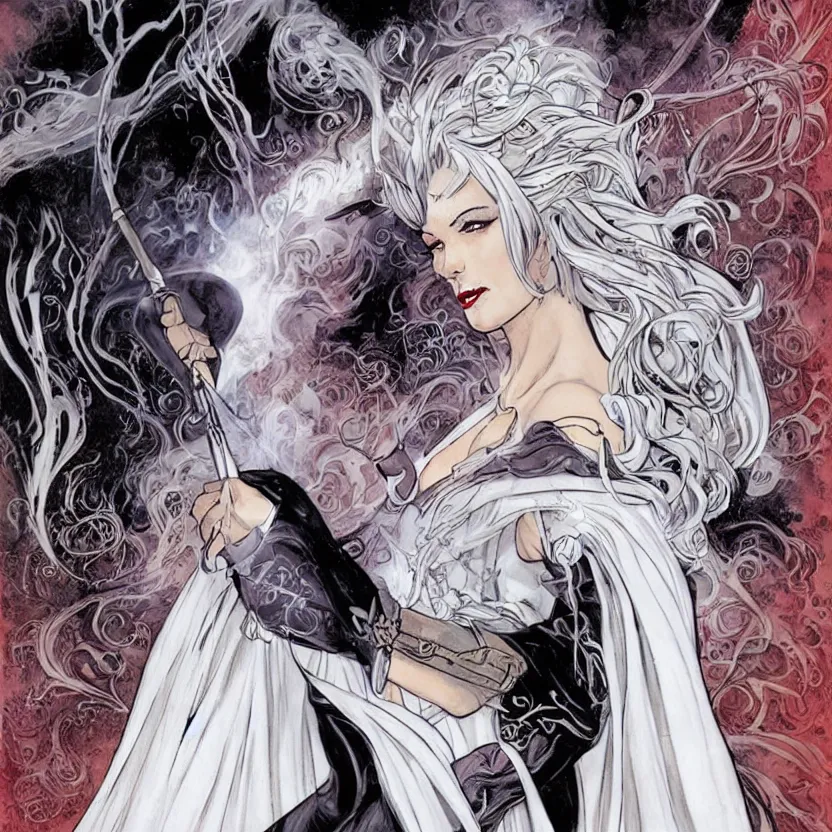 Prompt: a dream portrait of a witch casting a spell from a spell book, white hair, long cape, sexy pinup style art by Paul Dini, Travis Charest, Simon Bisley