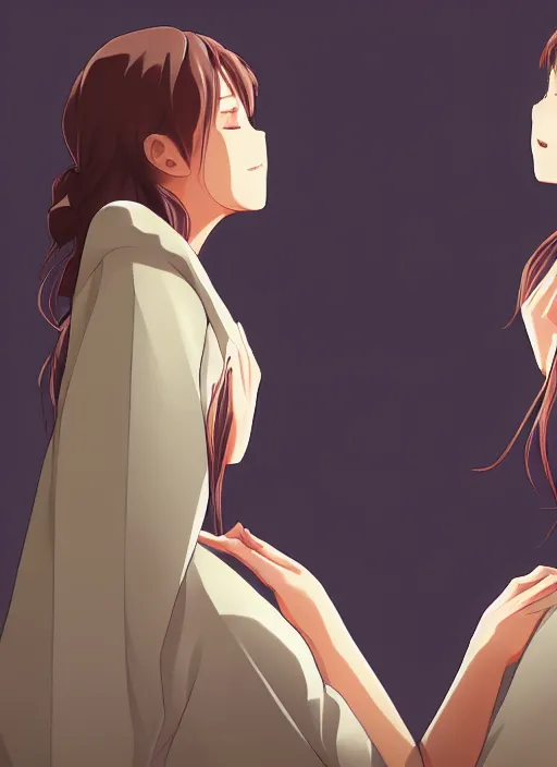 Image similar to two beautiful mothers staring at each other, casual clothes, gorgeous faces, smooth, thick lines, cinematic lighting, detailed anime art