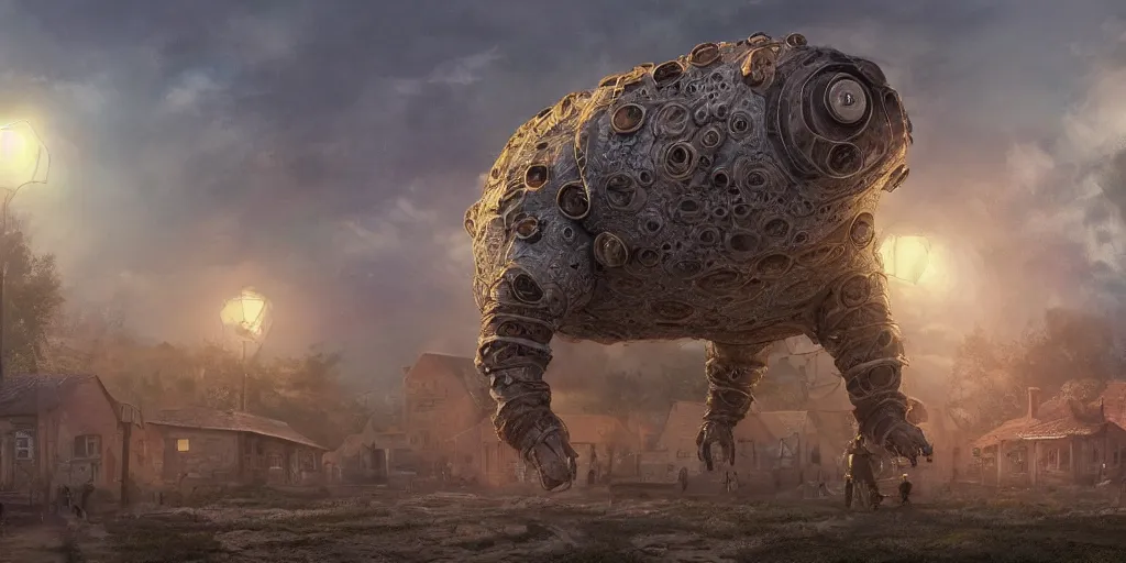 Image similar to Intricate detailed illustration, A giant human tardigrade hybrid attacking a 1940s village, cinematic lighting, by Philip Hood, wide angle, volumetric light scattering, 8k, artstation, concept art,