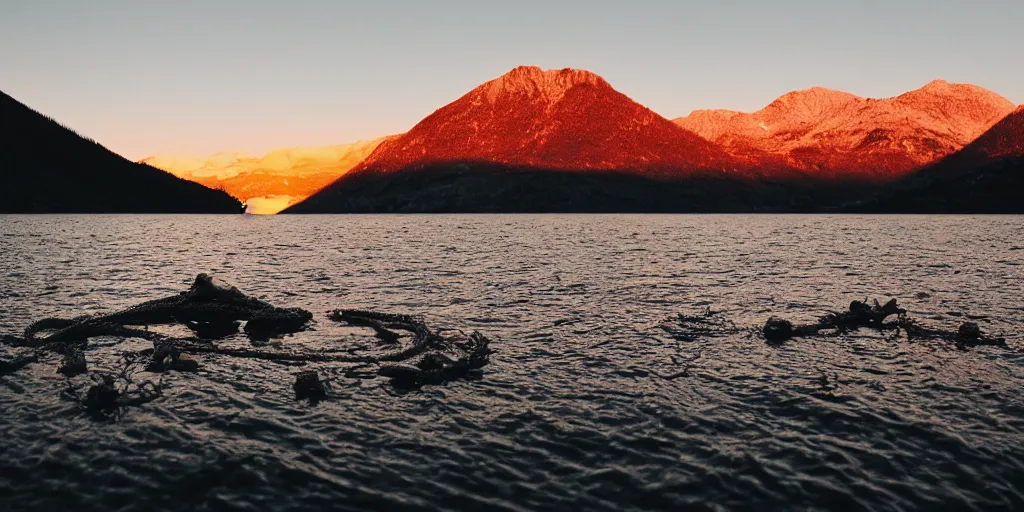 Image similar to rope floating in the water in the middle of a lake, a rocky foreground, mountains in th ebackground, sunset, a bundle of rope is in the center of the lake, eerie vibe, leica, 2 4 mm lens, 3 5 mm kodak film, directed by charlie kaufman, f / 2 2, anamorphic