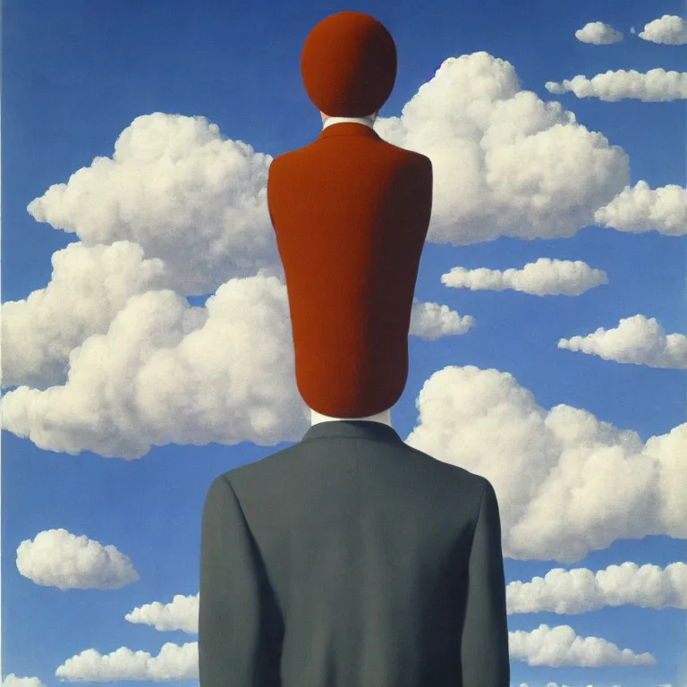 Image similar to cloud - man, by rene magritte, centered, detailed painting, hd, hq, high resolution, high detail, 4 k, 8 k