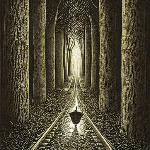 Image similar to the dark tunnels of the woods. Highly Detailed. Masterpiece. By Jeffrey Smith