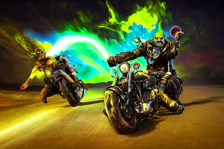 Prompt: high quality cinematic action shot of an orc doing a wheelie on a motorcycle, psychedelic blacklight airbrush art