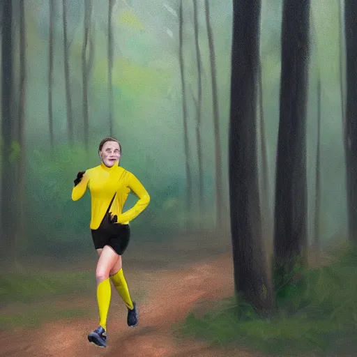 Image similar to a female orienteer wearing a yellow long - sleeved shirt and black tights runs in the forest, oil on canvas, trending on artstation.