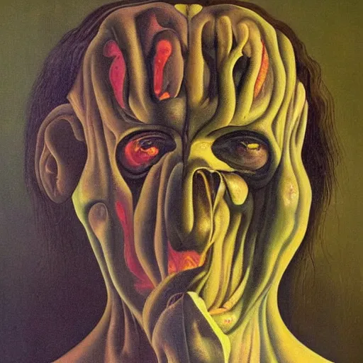 Prompt: Oil painting with black background by Christian Rex Van Minnen Robert Williams Salvador Dali of a portrait of an extremely bizarre disturbing mutated man with intense chiaroscuro lighting perfect composition