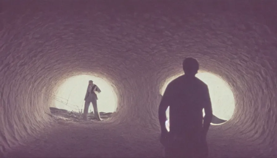 Image similar to 1 9 7 0 s movie still of a man in a barque in a moth tunnel, cinestill 8 0 0 t