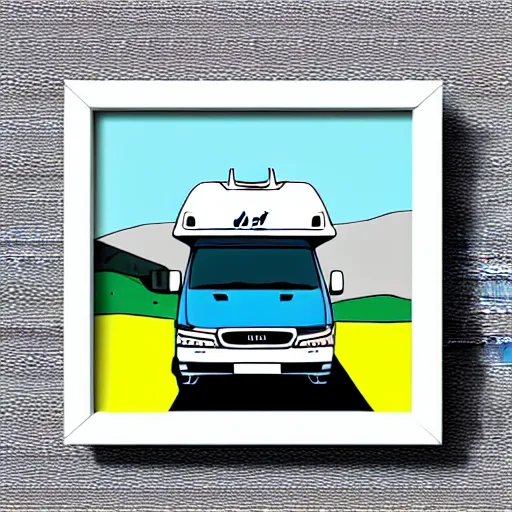 Image similar to white and black cute thor chateau motorhome camper, highway, mountains and sunset!!, everything enclosed in a circle, happy, professional colorful etching illustration, logo