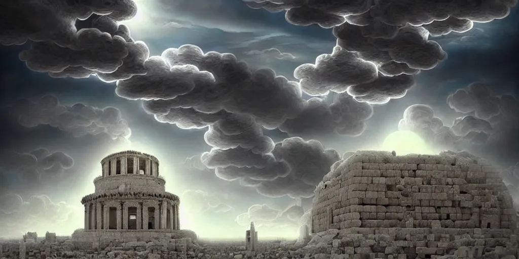 Image similar to hidden imagery floating temple in the sky incredible digital art optical illusion, superb detailed clouds shaped like the second temple in jerusalem, over the ruins of old jerusalem, awe inspiring, masterpiece surrealism, digital art trending on artstation awesome award winning