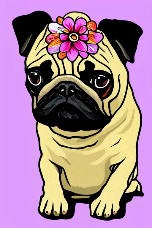 Image similar to portrait of a flower rambo pug, art by milka oxana, sticker, colorful, illustration, highly detailed, simple, smooth and clean vector curves, no jagged lines, vector art, smooth