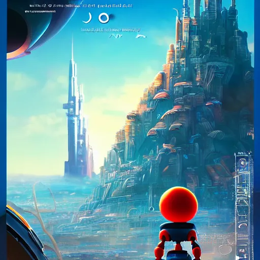 Image similar to a spectacular film poster of an adventurous boy ( facing the camera ) and his small robot friend, futuristic city background, eleborate composition with foreground and background, depth of field, fantasy illustration by kyoto studio, don bluth!!!, square enix, disney animation film, cinematic lighting