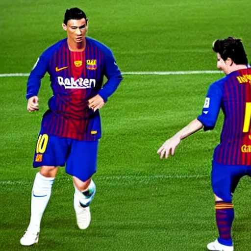 Prompt: Cristiano Ronaldo and Lionel Messi playing together in FC Barcelona. Realistic.