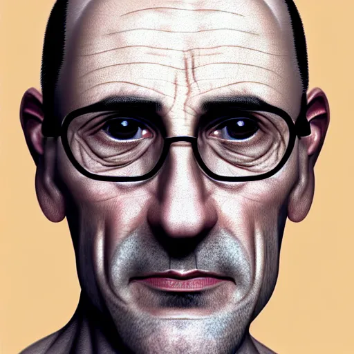 Prompt: 50 year old greying brunette man with very short hair, buzz cut, round face, square face, round jaw, wide chin , romanian, silver silver glasses, romanian heritage, brown eyes, brown eyes, olive skin, round nose, round chin, clean shaven wide face, thin lips, digital art, concept art, cgsociety, painterly, painting, 8k, illustration, painting, dramatic, beautiful, art by loish loish loish, painterly, trending on artstation, medium shot, uncropped