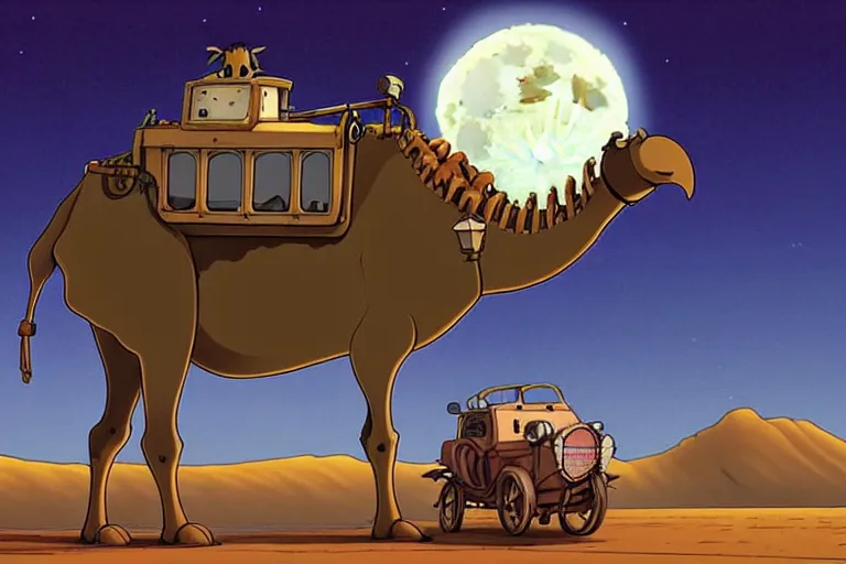 Image similar to a cell shaded cartoon of a lovecraftian mechanized camel from howl's moving castle ( 2 0 0 4 ), on a desert road, in front of a full moon, full body, wide shot, very muted colors, post grunge, studio ghibli, laurie greasley, highly detailed, deviantart, art by artgem