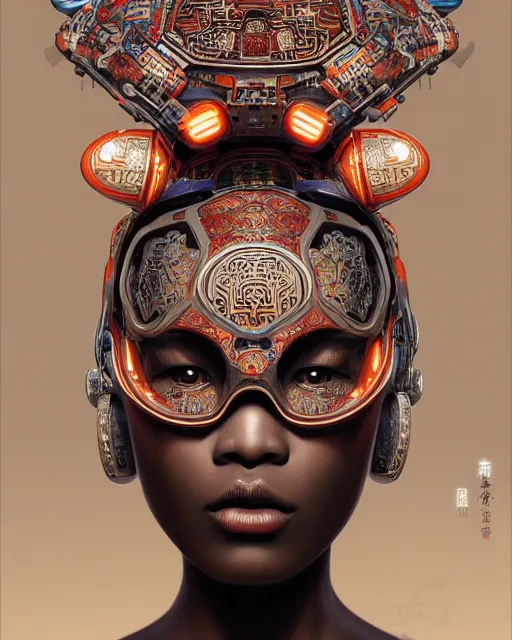 Prompt: portrait of a cyberpunk machine, machine face, upper half portrait, decorated with chinese opera motifs, african! fine china, traditional chinese art, intricate, elegant, highly detailed, symmetry, headpiece, digital painting, artstation, concept art, smooth, sharp focus, illustration, art by artgerm and greg rutkowski and alphonse mucha, 8 k