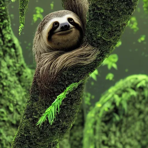 Image similar to Portrait of a sloth coated in green moss with moths buzzing around, ultra high definition, unreal engine, very detailed