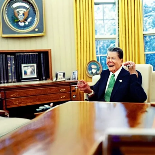 Prompt: a minion meeting president ronald reagan, zoom photograph, oval office,