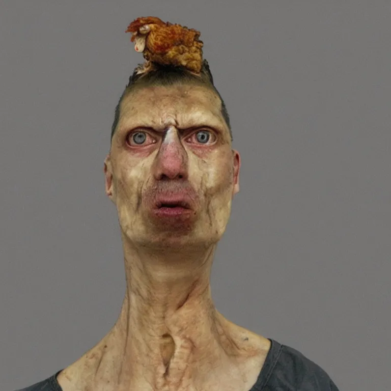 Image similar to chicken headed human, mugshot