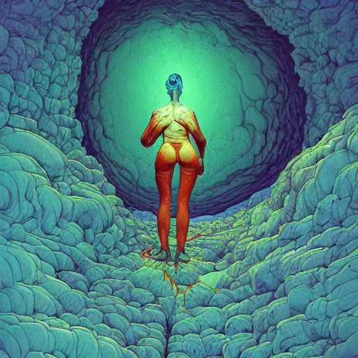 Prompt: woman having stomach ache, in mountain. sending pain into portals, electro magnetic storm over mountain desert. by josan gonzales, highly detailed, vivid color, beksinski painting, junji ito, aleksandra waliszewska, part by genieve figgis, part by norman rockwell