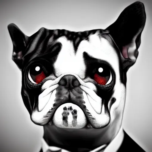 Prompt: a monster dog in a suit, nightmare, black and white