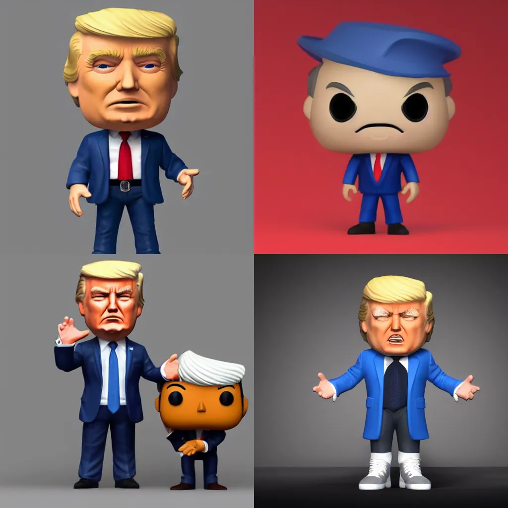 Prompt: full body 3d render of donald trump as a funko pop!, studio lighting, grey background, full body, blue suit, single person, no shadow, blender, trending on artstation, 8k, highly detailed