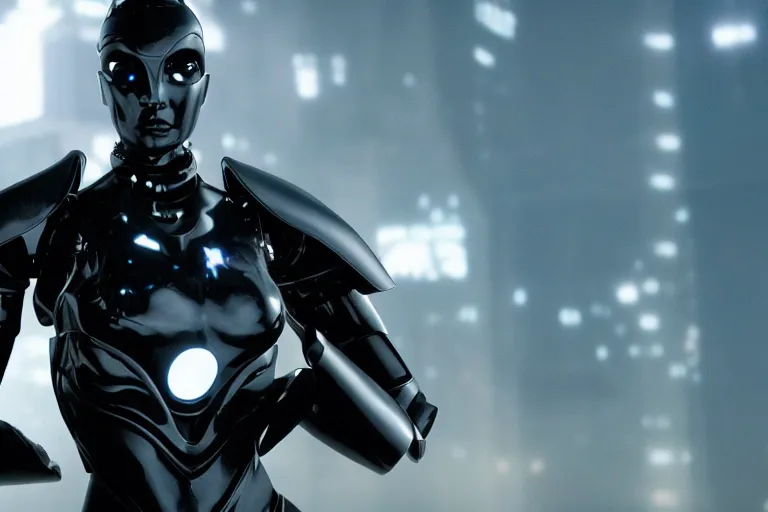 Image similar to VFX movie closeup of a gorgeous futuristic robot woman in black spandex armor in future city, hero pose, beautiful skin, natural city night lighting by Emmanuel Lubezki