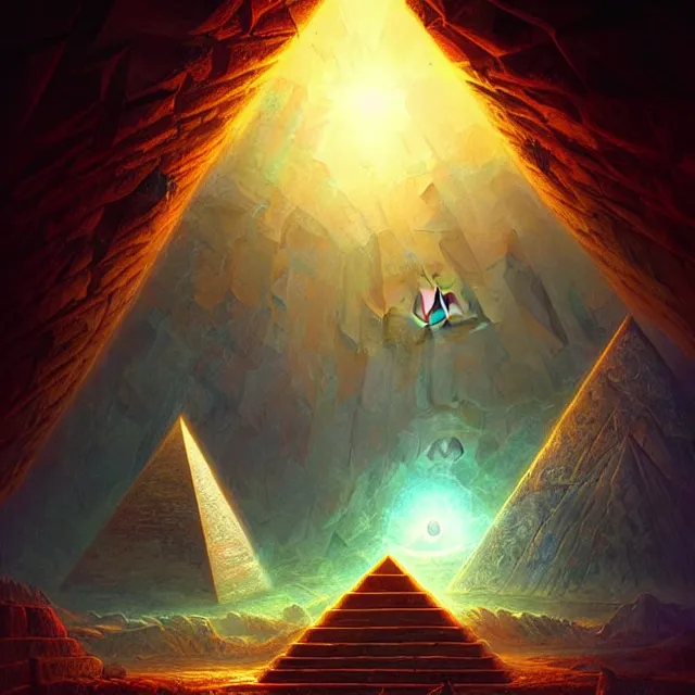 Prompt: the illuminati eye opening up from inside a pyramid, a fantasy magical landscape seen in the distance, atmospheric lighting, intricate, volumetric lighting, beautiful, sharp focus, ultra detailed, in the art style of marc simonetti, bowater charlie and brom gerald, astrophotography