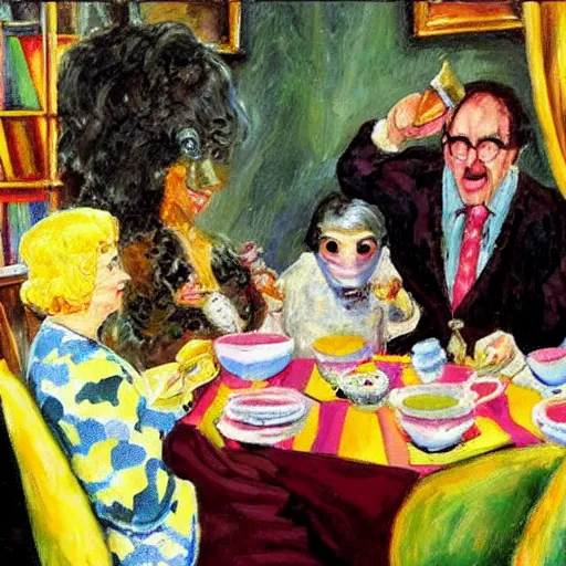 Prompt: frank zappa having a tea party with the queen and elton john, impressionist style,