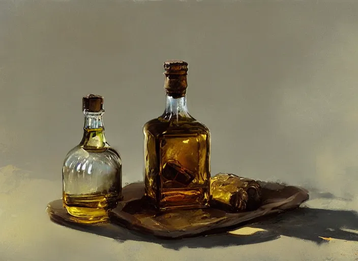 Image similar to impasto oil painting of whiskey bottle, art by anders zorn, wonderful masterpiece by greg rutkowski, beautiful cinematic light, american romanticism by greg manchess, creation by tyler edlin