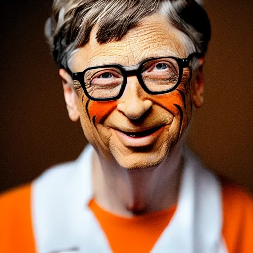 Prompt: UHD candid photo of Bill Gates dressed in orange jumpsuit, wearing extremely accurate clown makeup, accurate face, UHD, photorealistic, correct face, photo by Annie Leibowitz