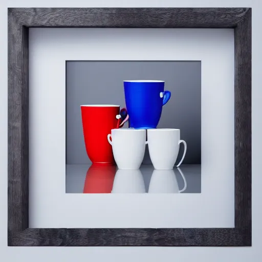 Prompt: an ultra high definition professional studio photograph, 5 0 mm f 1. 4 iso 1 0 0. the photo is set in a plain empty white studio room with a plain white plinth centrally located. the photo depicts an object on the plinth framed centrally. the object is a cup. the cup is coloured red and blue.
