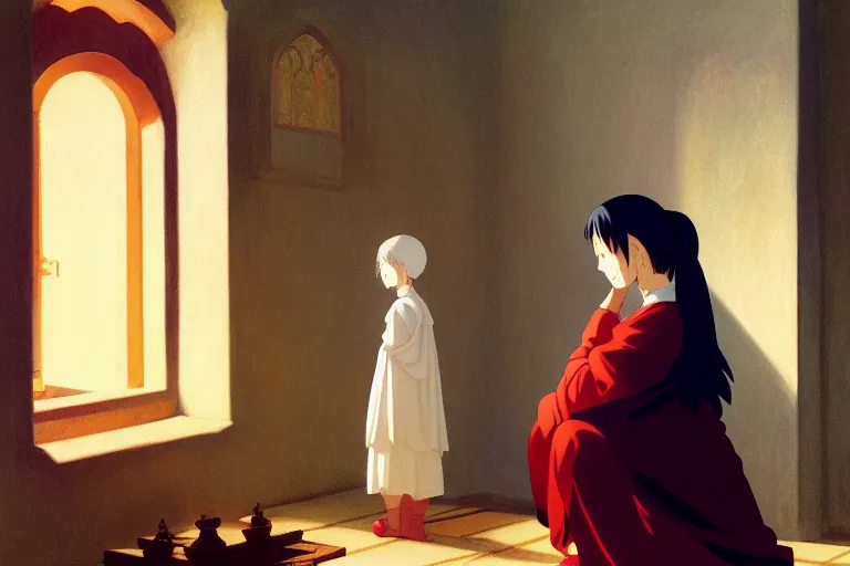 Image similar to anime key visual of young girl in small monastery in the year 1 2 5 0, praying to statue of god, style of jamie wyeth james gilleard edward hopper greg rutkowski acrylic painting, oil on canvas, preserved museum piece, historical