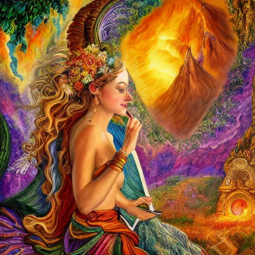 Prompt: a painting by josephine wall depicting aires as a goddess large ram horns, checking her cell phone, erupting volcano and sunrise in distance in background, flowers in foreground, acrylic on canvas, intricately detailed, highly detailed, high resolution, hd, 8 k, wallpaper, trending on artstation, zodiac, fantasy