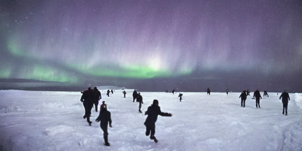 Prompt: filmic wide shot dutch angle movie still 35mm film color photograph of a crowd of people wearing snow clothing running terrified outside in antarctica, blood flying in the air, aurora borealis in the sky, in the style of a 1982 horror film