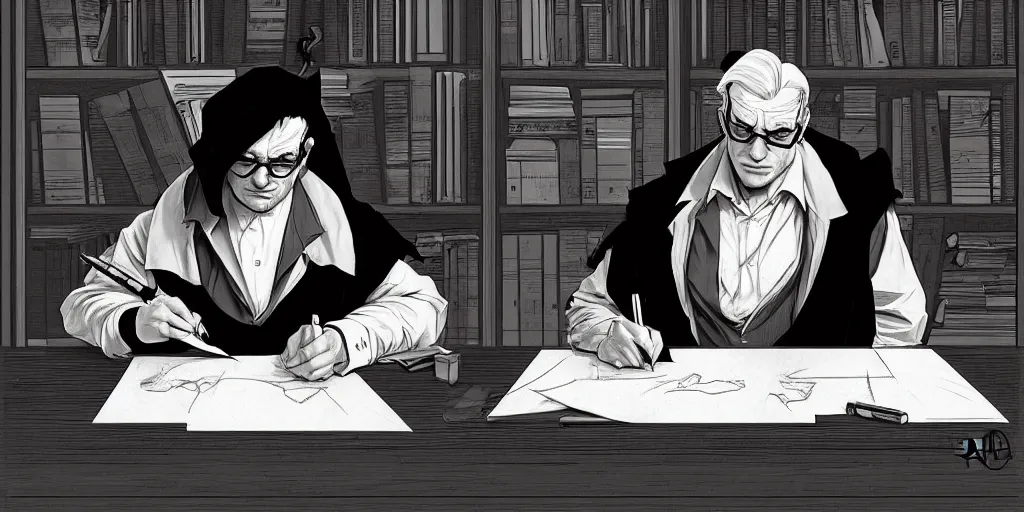 Image similar to a scholarly raven is seen writing at his desk. character sheet, character design, contrast, deep focus, turnaround, highly detailed, dramatic lighting, digital painting, artstation, concept art, matte, sharp focus, illustration, elegant, art by artgerm and greg f and alphonse mucha. photo like 1 9 9 4 public access music video.