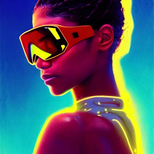 Image similar to zendaya wearing opaque reflective goggles profile picture by Greg Rutkowski, brown skin, very long hair, dune, asymmetrical, futuristic, neon volumetric lights, cool colors, streetwear, studio ghibli, Organic Painting , Matte Painting, geometric shapes, hard edges, street art, trending on the artstation, fantasy LUT, realistic by Sachin Teng + Martin Grip + Moebius + Patrick Gleason, smooth, sharp focus, illustration, art by John Collier and Albert Aublet and Krenz Cushart and Artem Demura and Alphonse Mucha, techwear, Industrial Scifi, detailed illustration, character portrait,